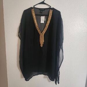 Ashley Stewart Black Sheer Tunic with Gold Embellishments